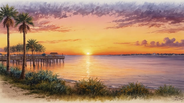 Sonnenuntergang über dem Wasser mit einem Steg, Palmen und sanften Wellen am Strand im Vordergrund.