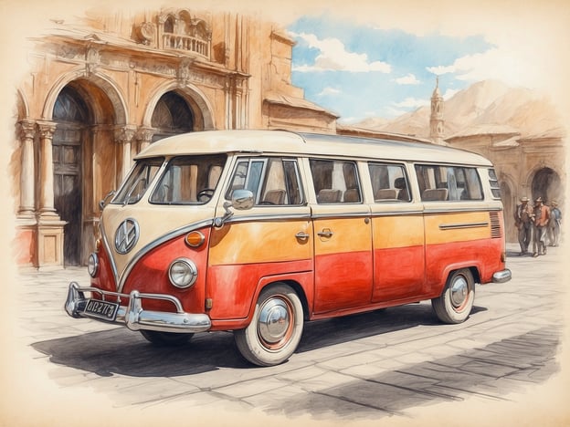 Auf dem Bild ist ein klassischer VW-Bus zu sehen, der in leuchtenden Farben gestaltet ist. Dieser Fahrzeugtyp, der in den 1950er und 1960er Jahren populär wurde, verkörpert einen Teil der Automobilgeschichte und hat eine besondere kulturelle Bedeutung, insbesondere im Zusammenhang mit dem Hippie-Lifestyle und der Reise- und Campingkultur.Der Hintergrund zeigt eine historische Architektur, die an koloniale Einflüsse erinnert und die reiche Geschichte vieler Städte in Südamerika widerspiegelt. Diese Kombination aus dem VW-Bus und der historischen Kulisse verdeutlicht den Dialog zwischen modernem und traditionellem Erbe, der in vielen Kulturen präsent ist. Die Verwendung von warmen Farben und die künstlerische Darstellung verleihen dem Bild eine nostalgische Atmosphäre und betonen die einzigartige Verbindung zwischen Mobilität und kulturellem Ausdruck.