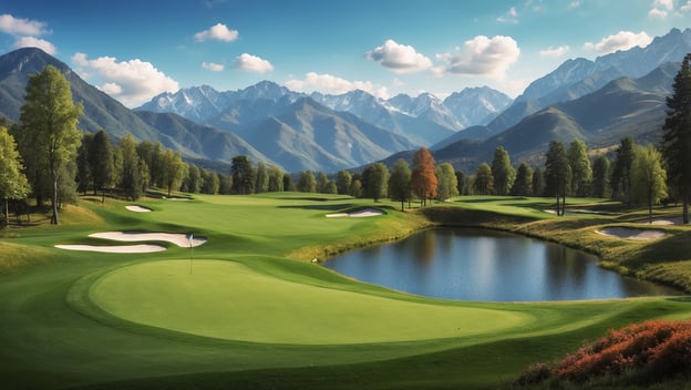 Ein idyllischer Golfplatz mit sanften Fairways, Wasserhindernissen und majestätischen Bergen im Hintergrund.