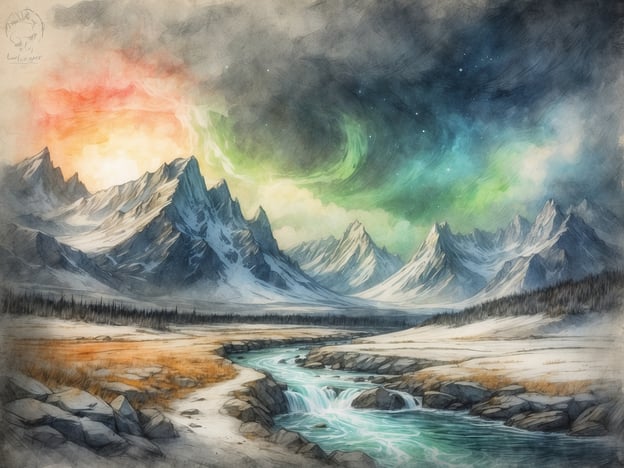 Das Bild zeigt eine beeindruckende Landschaft mit majestätischen Bergen, einem klaren Fluss und einem faszinierenden Himmel, in dem möglicherweise das Nordlicht leuchtet. Diese Szenerie könnte leicht für Island stehen, eines der schönsten Naturparadiese der Welt.Die Geschichte Islands ist geprägt von spektakulären natürlichen Landschaften und geologischen Aktivitäten. Die Insel wurde von Vulkanen und Gletschern geformt, was sich in den markanten Gebirgen und den reichen Wasserressourcen widerspiegelt. Island ist bekannt für seine dramatische Natur, die ein wichtiger Teil der isländischen Mythologie ist, in der Berge oft als Heimat von Trollen und anderen übernatürlichen Wesen angesehen werden.Das Lichtspiel am Himmel könnte an die Geschichte der Wikingers erinnern, die die Extreme der Natur meisterten und viele Geschichten um die aurorale Erleuchtung webten. Diese wunderbare Landschaft ist ein Teil des kulturellen Erbes, das die Isländer seit Jahrhunderten umgibt und inspiriert.
