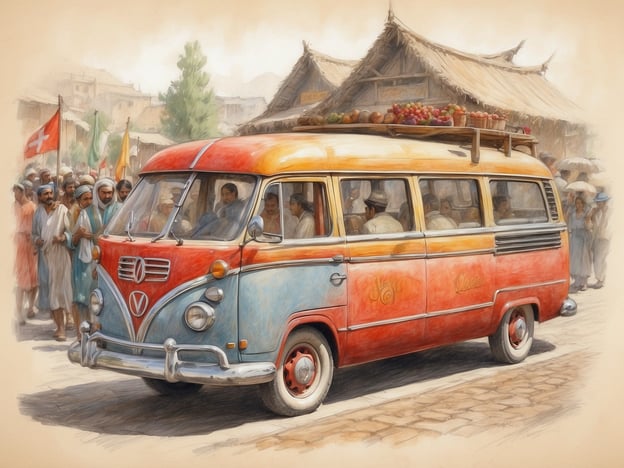 Auf dem Bild ist ein bunt gestalteter Bus zu sehen, der durch eine Straßenszene fährt, in der viele Menschen versammelt sind. Die Menschen scheinen an einem festlichen Ereignis oder Markt teilzunehmen, was durch die verschiedenen Fahnen und die fröhliche Atmosphäre angedeutet wird.Der Bus könnte als ein Symbol für Gemeinschaft und Mobilität in kulturellen Traditionen dienen, in denen das Reisen zu Festen oder Märkten eine wichtige Rolle spielt. In vielen Kulturen sind Feste eine Gelegenheit, um Gemeinschaft zu feiern, lokale Produkte zu präsentieren und Traditionen lebendig zu halten.Die Verwendung von bunten Farben und die Aufladung des Busses mit Lebensmitteln oder Blumen kann auch auf bestimmte Bräuche hinweisen, bei denen Geschenke oder essbare Gaben eine Rolle spielen, um den gemeinsamen Geist der Freude und des Teilens zu fördern. Solche Szenen sind oft Teil kultureller Feierlichkeiten, bei denen Menschen zusammenkommen, um ihre Traditionen zu zelebrieren.