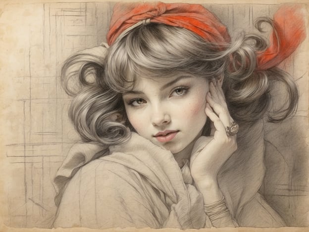 Auf dem Bild ist das Porträt eines Mädchens zu sehen, das künstlerisch in sanften, melancholischen Tönen dargestellt ist. Ihr Ausdruck wirkt nachdenklich und zart, was an klassische Motive in der Malerei erinnert, die oft die Unschuld und Zerbrechlichkeit der Jugend thematisieren. Die Verwendung eines roten Kopftuchs könnte an die Symbolik in der Literatur erinnern, wo Farben oft emociones und Themen repräsentieren. Hier könnte Rot für Leidenschaft oder Verlangen stehen, während die sanften Linien und der klar definierte Gesichtsausdruck an Werke der Romantik erinnern, die oft die emotionalen Zustände des Menschen erforschen.Die Kombination aus feinen Details und der nostalgischen Farbgebung verleiht dem Bild eine zeitlose Qualität, die den Betrachter an die großen Meister der klassischen Kunst denken lässt, die oft ähnliche Porträts schufen, um die Schönheit und Verletzlichkeit des menschlichen Daseins zu erfassen.