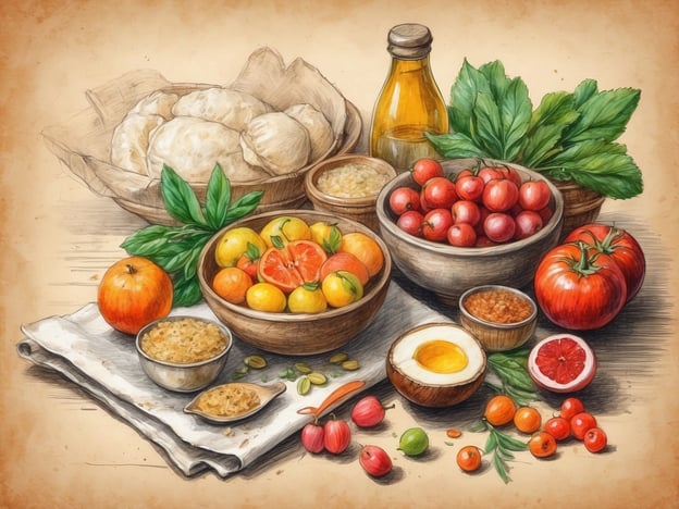 Auf dem Bild sind verschiedene kulinarische Genüsse aus regionalen Zutaten zu sehen. Zwischen frischen, aromatischen Kräutern wie Basilikum und einer Auswahl an buntem Obst, wie Äpfeln, Mandarinen und Tomaten, liegen auch gesunde Zusammenstellungen von Getreide und Hülsenfrüchten.Die unterschiedlichen Schalen enthalten Zutaten, die sich wunderbar für saisonale Gerichte eignen, wie zum Beispiel ein frischer Salat mit Tomaten und einer Vinaigrette aus Olivenöl oder ein herzhaftes Gericht mit Quinoa und frischem Gemüse. Die bunten Früchte könnten für einen erfrischenden Obstsalat verwendet werden, der eine schöne Balance zwischen Süße und Säure bietet.Diese Zutaten laden dazu ein, kreativ in der Küche zu sein und die regionale Vielfalt zu genießen!