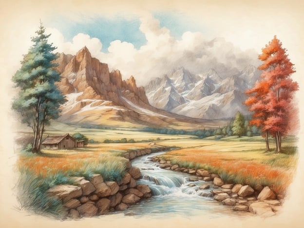 Auf dem Bild ist eine malerische Landschaft zu sehen, die durch eindrucksvolle Berge, einen klaren Fluss und farbenfrohe Bäume charakterisiert ist. Diese Szenen erinnern an die wunderschöne Natur Albaniens, das reich an unberührten Landschaften und beeindruckenden Gebirgen wie den Albanischen Alpen ist.Die Geschichte Albaniens ist geprägt von vielen kulturellen Einflüssen, unter anderem durch die Illyrer, die Römer und die Osmanen, was sich auch in der vielfältigen Natur widerspiegelt. Die Gebirgsregionen sind nicht nur landschaftlich reizvoll, sondern auch historisch bedeutend, da sie Zufluchtsorte und Handelsrouten in verschiedenen Epochen waren.Die ländliche Idylle und der Fluss symbolisieren die enge Verbindung der Albaner zu ihrer Natur und der Landwirtschaft, die über Jahrhunderte hinweg einen zentralen Teil ihres Lebens darstellt.