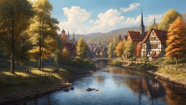 Malerische Landschaft mit einem Fluss, charmanten Häusern und buntem Herbstlaub entlang der Uferpromenade in der Lüneburger Heide.