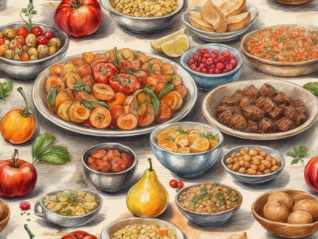 Auf dem Bild sind verschiedene Teller und Schalen mit einer Vielzahl von Speisen zu sehen. Es gibt eine große Auswahl an frischem Obst und Gemüse, darunter Tomaten, Zitrusfrüchte und Oliven. Auch eine Auswahl an Snacks und Beilagen ist erkennbar, möglicherweise regionale Spezialitäten wie Falafel, Hummus oder verschiedene Arten von Dips.In vielen mediterranen Regionen könnte dies ein typisches Festmahl darstellen, das auch Elemente wie Brot, Nüsse und frische Kräuter umfasst. Solche Gerichte könnten aus der türkischen, arabischen oder mediterranen Küche stammen, bei denen frische und gesunde Zutaten im Vordergrund stehen.