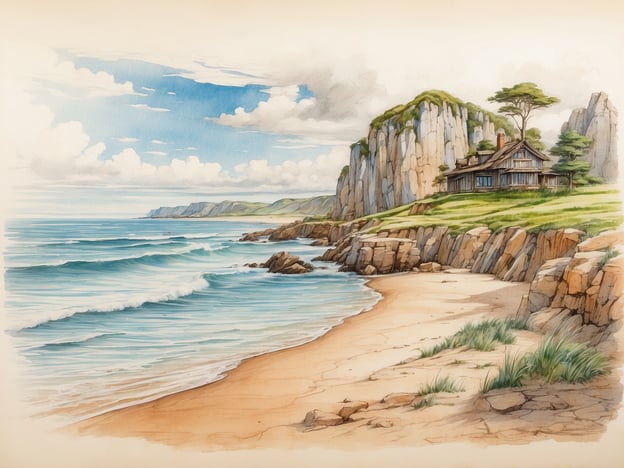 Auf dem Bild ist eine malerische Küstenlandschaft zu sehen, die von hohen Klippen und einem Sandstrand geprägt ist. Im Vordergrund zeigt es sanfte Wellen, die an den Strand rollen. Im Hintergrund steht ein charmantes Holzhaus, umgeben von grünen Wiesen und einzelnen Bäumen.Die geografische Lage könnte eine ruhige Küste in einem Gebirgsgebiet oder einen malerischen Teil der Nordsee oder einer anderen ähnlichen Region sein. Solche Landschaften finden sich oft in Gebieten mit einer Kombination aus Küsten- und Gebirgslandschaft, wie z. B. Norwegen oder Neuseeland.