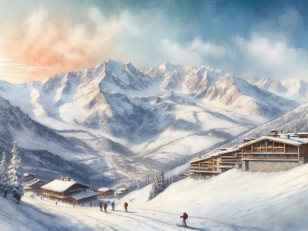 Auf dem Bild ist eine malerische Winterlandschaft mit schneebedeckten Bergen und Skifahrern zu sehen. Diese Szenerie könnte gut zu einem der beliebtesten Skigebiete in Andorra passen, wie zum Beispiel:1. **Grandvalira** - Das größte Skigebiet in Andorra, bekannt für seine vielfältigen Pisten und modernen Einrichtungen.2. **Vallnord** - Beliebt für seine abwechslungsreichen Abfahrten und gemütlichen Atmosphäre.3. **Ordino-Arcalís** - Ein kleineres Skigebiet, das für seine ruhigen Pisten und exzellente Schneesicherheit bekannt ist.Die dargestellten Elemente des Bildes, wie die Berge und die Hütten im Schnee, ergänzen das Bild eines typischen Skigebiets in Andorra.