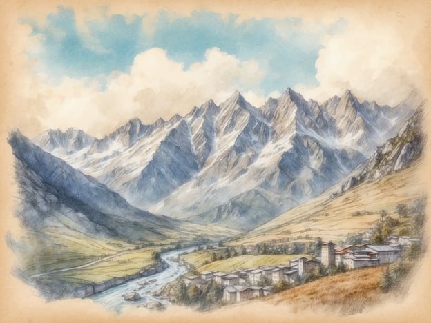 Das Bild zeigt eine malerische Landschaft mit majestätischen Bergen, einem sanft fließenden Fluss und einem kleinen Dorf am Ufer. In der Geschichte Andorras spielt die beeindruckende Natur eine zentrale Rolle, da das Land inmitten der Pyrenäen liegt. Die Berge symbolisieren oft die Unabhängigkeit und den Schutz, den Andorra über Jahrhunderte hinweg bewahrt hat.Die Architektur des Dorfes könnte an die traditionellen Steinhäuser erinnern, die in Andorra verbreitet sind, und die idyllische Umgebung spiegelt die Ruhe und den Charme der Region wider. Solche Landschaften sind auch ein Grund, weshalb Andorra ein beliebtes Ziel für Touristen ist, die die Alpen erleben möchten. In der Geschichte des Landes sind Natur und Gemeinschaft eng miteinander verbunden, was dieses Bild treffend illustriert.