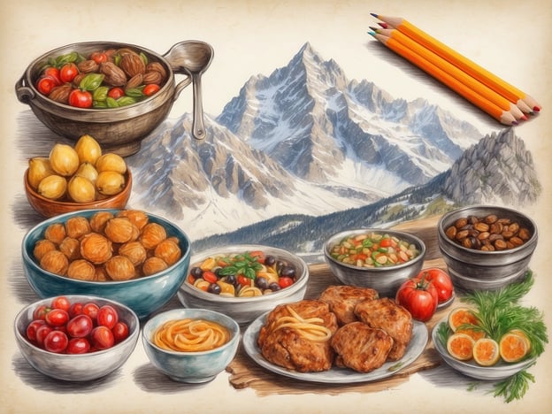Auf dem Bild sind verschiedene kulinarische Genüsse zu sehen, die Andorra repräsentieren könnten. Dazu gehören:- **Nüsse**: Verschiedene Sorten, die häufig in der Region angebaut werden.- **Früchte**: Kirschen, Tomaten und Zitrusfrüchte, die in der andorranischen Küche beliebt sind.- **Gemüse**: Ein gemischter Gemüsesalat oder Eintopf, der traditionelle Zutaten aus den Pyrenäen beinhalten könnte.- **Fleischgerichte**: Möglicherweise eine Fleischsorte, die typisch für die andorranische Küche ist, zusammen mit Pasta.Die bergige Kulisse im Hintergrund könnte die malerische Landschaft Andorras widerspiegeln, die eng mit der lokalen Gastronomie verbunden ist.