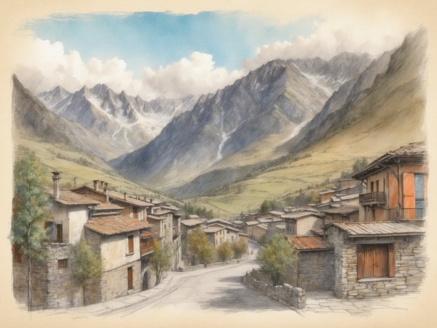 Auf dem Bild ist eine idyllische Berglandschaft mit schneebedeckten Gipfeln und einem malerischen Dorf zu sehen, das sich an einen Hang schmiegt. Die Architektur der Häuser könnte an die altehrwürdige Kultur von Andorra erinnern, einem kleinen Fürstentum in den Pyrenäen zwischen Frankreich und Spanien.Die Geschichte von Andorra ist geprägt von seiner einzigartigen Lage und den historischen Beziehungen zwischen den benachbarten Ländern. Andorra wurde im Jahr 1278 gegründet und ist berühmt für seine Co-Fürstenschaft, die von einem französischen Präsidenten und dem Bischof von Urgell in Spanien geteilt wird. Das Dorf im Bild könnte die Traditionen und den Charme der andorranischen Dörfer widerspiegeln, die von atemberaubenden Landschaften umgeben sind und eine Fülle von Geschichte und Kultur bieten.