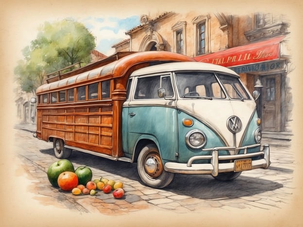 Auf dem Bild ist ein klassischer Volkswagen-Bus zu sehen, der einen nostalgischen Charme ausstrahlt. Er steht auf einer gepflasterten Straße, umgeben von historischen Gebäuden, die typisch für viele alte europäische Städte sind. Neben dem Bus liegen verschiedene Früchte, die auf einen Markttag oder ein lokales Fest hinweisen könnten.Dieser VW-Bus ist ein Symbol der Mobilität und Freiheit, besonders in den 1960er und 70er Jahren, als er bei Reisenden und Künstlern beliebt war. Die Architektur im Hintergrund und die lebhaften Farben der Früchte rufen ein Gefühl von traditioneller Kultur und regionalen Märkten hervor, die in vielen europäischen Ländern, wie Italien oder Spanien, zu finden sind. Diese Märkte sind oft reich an frischen lokalen Produkten und verkörpern die kulinarische Vielfalt der Region.