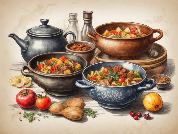 Auf dem Bild sind verschiedene Schalen mit traditionellen Gerichten aus Andorra zu sehen. Typische Speisen aus der Region sind beispielsweise "Trinxat", ein Kartoffel-Kohl-Gericht, sowie "Escudella i Carn d'Olla", ein herzhaftes Eintopfgericht mit Fleisch und Gemüse. Die Anordnung der Töpfe und Zutaten deutet auf eine rustikale Küche hin, die reich an frischen, lokalen Zutaten ist. Auch eine Auswahl an frischen Gemüsesorten, Tomaten und Kräutern ist abgebildet, was die Vielfalt der andorranischen Küche unterstreicht.