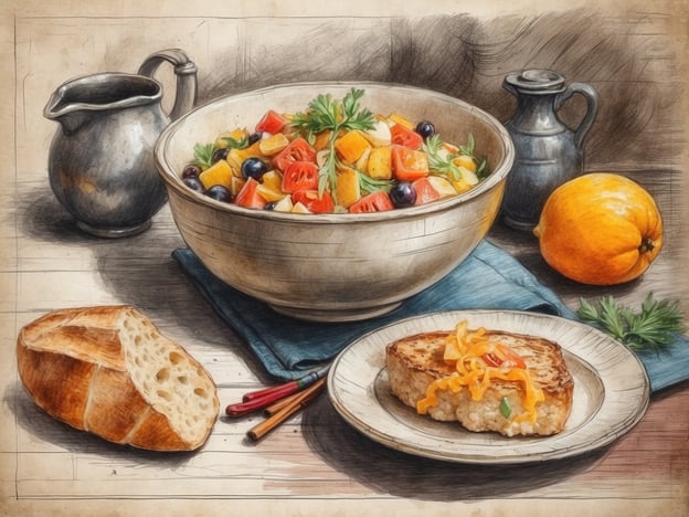 Auf dem Bild ist eine ansprechend angerichtete Mahlzeit zu sehen, die eine Mischung aus frischem Gemüse und einer Art gegrilltem Brot oder Auflauf zeigt. Die Schüssel enthält eine bunte Salatkomposition mit verschiedenen Gemüsesorten, was auf moderne gastronomische Einflüsse hindeutet.In der andorranischen Gastronomie finden sich heute viele moderne Einflüsse, wie die Verwendung saisonaler und lokaler Zutaten. Die Kombination von frischen Salaten und kreativen Zubereitungsarten spiegelt den Trend wider, gesunde und vielfältige Gerichte anzubieten. Die Einbindung von internationaler Kochkunst, wie asiatischen oder mediterranen Aromen, hat die traditionelle Küche Andorras bereichert und neue Geschmackserlebnisse hervorgebracht. Lange Zeit war die andorranische Küche stark von den Nachbarländern beeinflusst, aber die moderne Küche setzt vermehrt auf Innovation und Vielfalt in der Präsentation von Gerichten.