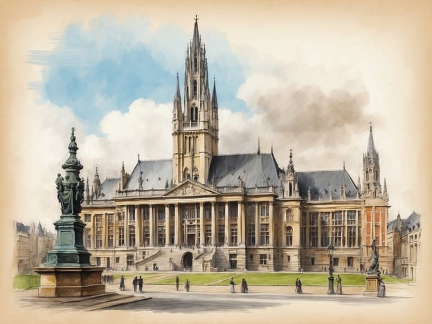 Auf dem Bild ist ein beeindruckendes historisches Gebäude zu sehen, das wahrscheinlich ein Rathaus oder ein prächtiges öffentliches Gebäude in Belgien darstellt. Belgien hat eine reiche Geschichte, die von beeindruckenden Architekturstilen geprägt ist, darunter gotische und neoklassizistische Elemente.Das Gebäude könnte mit der Stadtpolitik oder Verwaltung in Verbindung stehen, was in Belgien eine lange Tradition hat. Direkt vor dem Gebäude sieht man Statuen und Menschen, die an einer der schönen Plätze der Stadt flanieren, was die lebendige Kultur und den historischen Reichtum des Landes widerspiegelt. Die Architektur, die Kunstwerke und die umgebende Landschaft sind Zeugnisse der vielseitigen Geschichte Belgiens, die durch Einflüsse aus verschiedenen europäischen Kulturen geprägt ist.