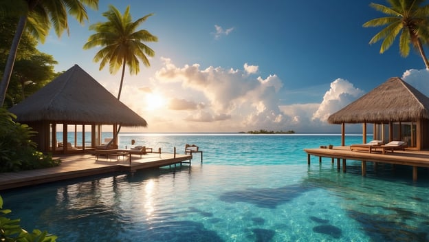 Tropische Szene mit Wasserbungalows und Palmen am klaren Wasser der Malediven, bei Sonnenaufgang.