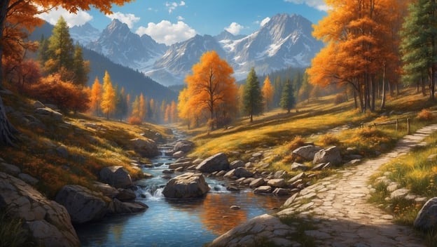 Herbstliche Landschaft mit bunten Bäumen, einem klaren Fluss und Bergen im Hintergrund, ideal für kurze Reisen.