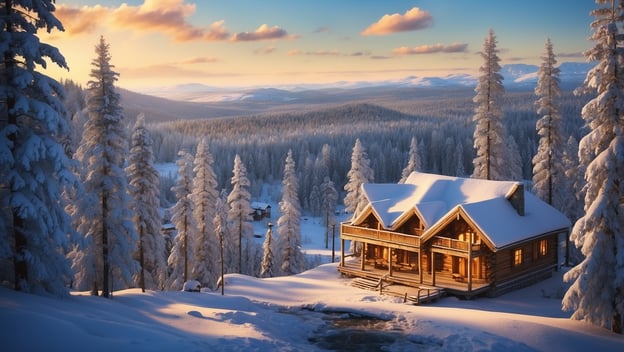 Eine Holzhütte steht im Schnee, umgeben von schneebedeckten Bäumen und Bergen unter einem klaren Himmel bei Sonnenuntergang.