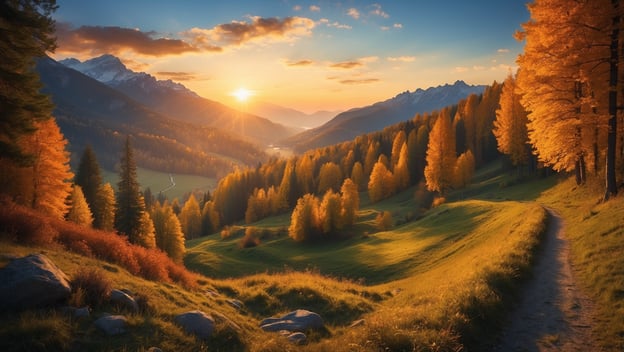 Herbstliche Landschaft mit Bäumen in warmen Farben, Bergen im Hintergrund und einem Wanderweg, der durch das Tal führt.