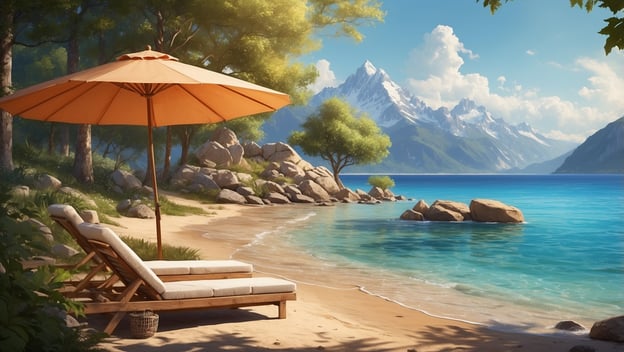 Strand mit Liege, Sonnenschirm, felsiger Küste und türkisblauem Wasser, im Hintergrund hohe Berge.
