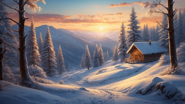 Winterliche Landschaft mit schneebedeckten Bäumen, sanften Hügeln und einer gemütlichen Holzhütte im Sonnenuntergang.