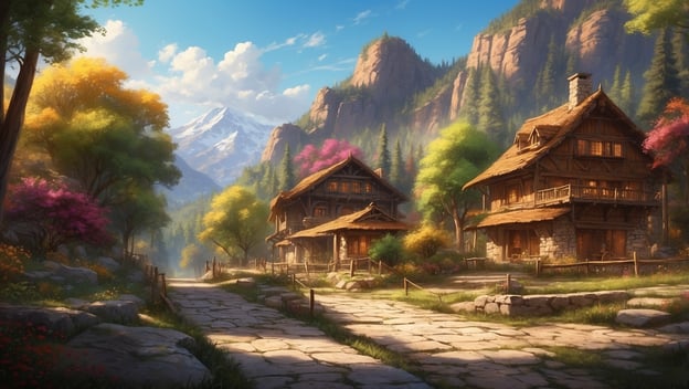 Eine malerische Landschaft mit zwei traditionellen Holzbungalows, umgeben von bunten Bäumen und Bergen im Hintergrund.