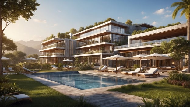 Moderne Hotelanlage mit Pool, Liegen und Sonnenschirmen, umgeben von Grün und Bergen im Hintergrund.