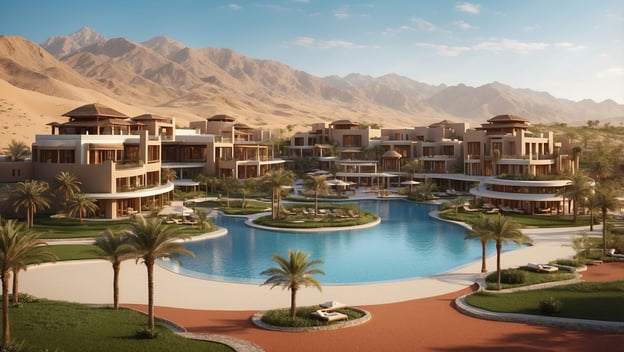 Luxuriöses Anantara-Resort in einer Wüstenlandschaft mit Palmen und einem Pool vor majestätischen Bergen.