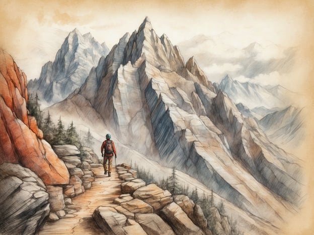 Auf dem Bild ist ein Abenteurer zu sehen, der auf einem schmalen Pfad durch die Berge wandert. Um ihn herum erheben sich majestätische, schroffe Gipfel, die von einer beeindruckenden Landschaft umgeben sind. Diese Szenerie eignet sich perfekt für Aktivitäten wie:- **Bergwandern:** Entdecken von neuen Routen und Erklimmen beeindruckender Gipfel.- **Klettern:** Herausfordernde Felsen für erfahrene Kletterer.- **Naturfotografie:** Festhalten von atemberaubenden Landschaften und Wildtieren.- **Camping:** Nächtigen unter dem Sternenhimmel in der Natur.- **Geocaching:** Einen Schatz in der Natur suchen und spannende Orte entdecken.Diese Aktivitäten bieten ein großartiges Abenteuer für Naturliebhaber und Wanderfreunde!