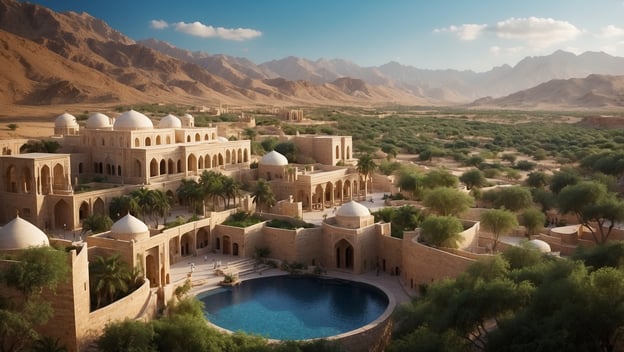 Blick auf eine malerische Oase mit traditionellen Gebäuden, Pools und umgebenden Bergen in einer grünen Landschaft.