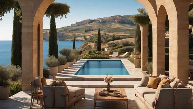 Mediterrane Terrasse mit Pool, Blick auf das Meer und die umliegenden Hügel, elegante Möbel und Pflanzen.