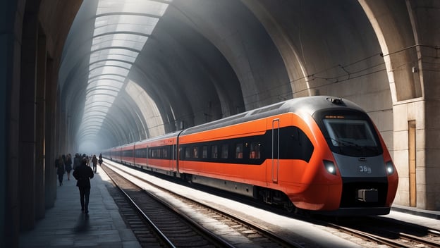 Ein roter Zug steht in einem modernen Tunnelbahnhof. Passagiere warten im Halbdunkel auf dem Bahnsteig.