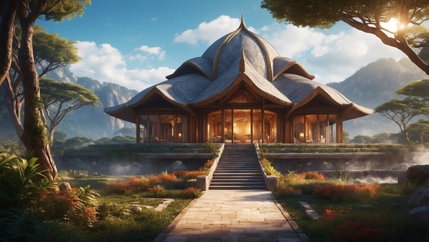 Ein modernes, elegantes Gebäude mit einer geschwungenen Dachform, umgeben von Bäumen und blühenden Pflanzen in einer idyllischen Landschaft.