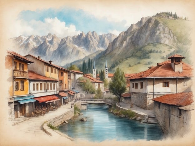 Das Bild zeigt eine malerische Szene, die an die charmanten Stadtansichten von Bosnien und Herzegowina erinnert. Solche Landschaften sind typisch für die Region, wo verträumte Wasserwege durch alte Städte fließen, umgeben von beeindruckenden Bergen. Die Architektur der Gebäude, mit ihren roten Dächern und bunten Fassaden, spiegelt den Einfluss osmanischer und österreichischer Baukunst wider, die beide Teil der Geschichte des Landes sind.Die Gewässer, die oft in der Nähe von Städten wie Mostar oder Jajce zu finden sind, haben nicht nur historische Bedeutung, sondern auch kulturelle; sie dienen als Anziehungspunkt für Touristen und spiegeln die Verbundenheit der Menschen mit der Natur wider. Insgesamt evoziert das Bild eine Stimmung von Geschichte, Kultur und natürlicher Schönheit, die Bosnien und Herzegowina prägt.