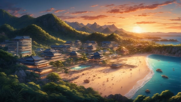 Eine malerische Küstenlandschaft mit Sonnenuntergang, traditionellen Gebäuden und Menschen am Strand auf Okinawa.