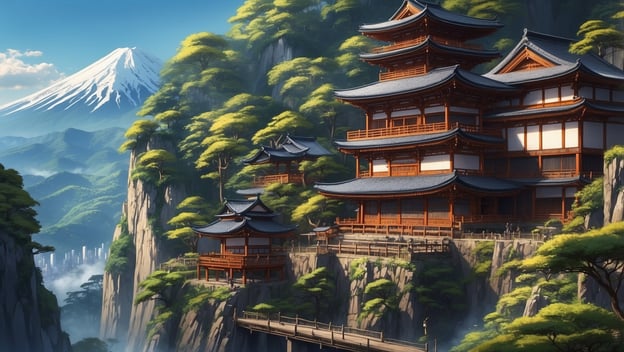 Eine malerische Berglandschaft mit traditionellen japanischen Gebäuden, umgeben von grünen Bäumen und einem schneebedeckten Vulkan im Hintergrund.