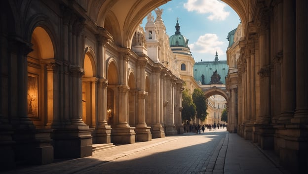 Ein eleganter Arkadengang mit hohen, geschwungenen Bögen und sanften Lichtstrahlen, vorbei an historischen Gebäuden.