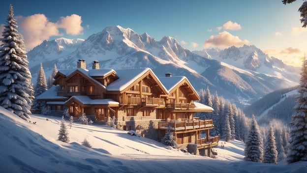 Ein modernes Holzhaus in den Bergen, umgeben von verschneiten Bäumen und majestätischen Alpen im Hintergrund.