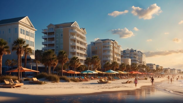 Strandansicht in Myrtle Beach mit Palmen, Sonnenschirmen und Menschen, die den Sonnenuntergang am weißen Sand genießen.