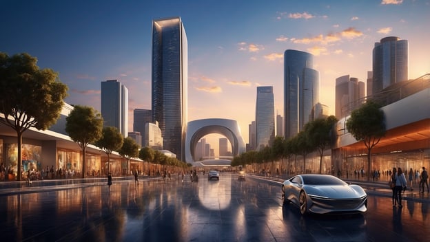 Moderne Stadtlandschaft mit futuristischen Hochhäusern, einem eleganten Auto und zahlreichen Menschen auf einer reflektierenden Straße.