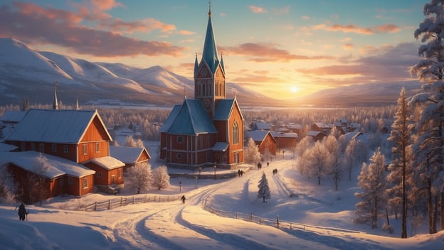Ein winterliches Dorf mit der Kiruna-Kirche im Vordergrund, umgeben von schneebedeckten Bäumen und Bergen bei Sonnenuntergang.