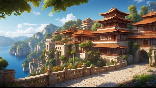 Asiatische Architektur an einer Küste mit einem klaren Wasser, umgeben von Bergen und üppiger Vegetation.