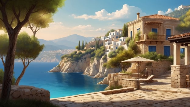 Eine malerische Küstenansicht mit weißen Gebäuden, Bäumen und blauem Wasser vor hügeliger Landschaft, ideal für einen Urlaub.