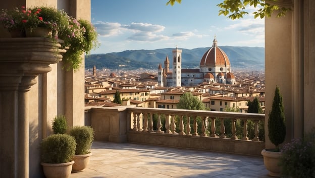 Blick auf Florenz mit der Kathedrale Santa Maria del Fiore, umgeben von grünen Hügeln und blühenden Pflanzen auf dem Balkon.