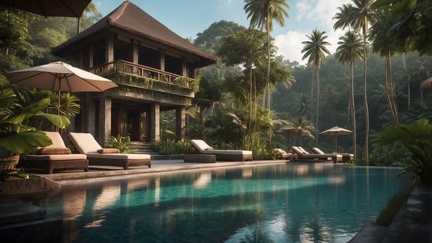 Luxuriöse Poolvilla in Ubud umgeben von frischem Grün, mit Sonnenliegen und Blick auf den Pool und tropische Pflanzen.