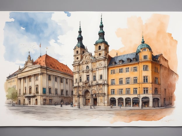 Auf dem Bild ist eine künstlerische Darstellung von kulturellen Sehenswürdigkeiten zu sehen. Im Vordergrund sind elegante historische Gebäude mit reichhaltiger Architektur abgebildet. Die Kirche, die auf der rechten Seite zu erkennen ist, könnte eine Barockkirche sein, während das Gebäude links offensichtlich ein wichtiges öffentliches oder kulturelles Gebäude darstellt, möglicherweise ein Rathaus oder ein Theater.Die Darstellung vermittelt eine Atmosphäre von Geschichte und Kunst, typisch für viele europäische Städte. Die unterschiedlichen Fassaden und die Harmonie der Farben wirken ansprechend und zeichnen ein Bild vom städtischen Leben.