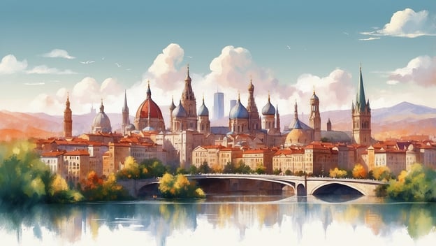 Eine malerische Stadtansicht mit historischen Gebäuden, Türmen, einer Brücke und einem ruhigen Fluss im Vordergrund.