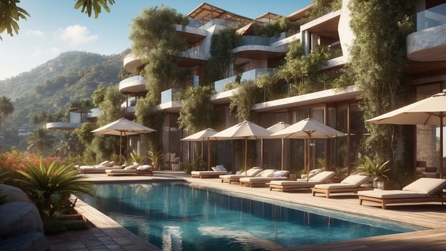 Moderne Hotelarchitektur mit einem Pool, Liegen und Sonnenschirmen vor einer begrünten Berglandschaft.