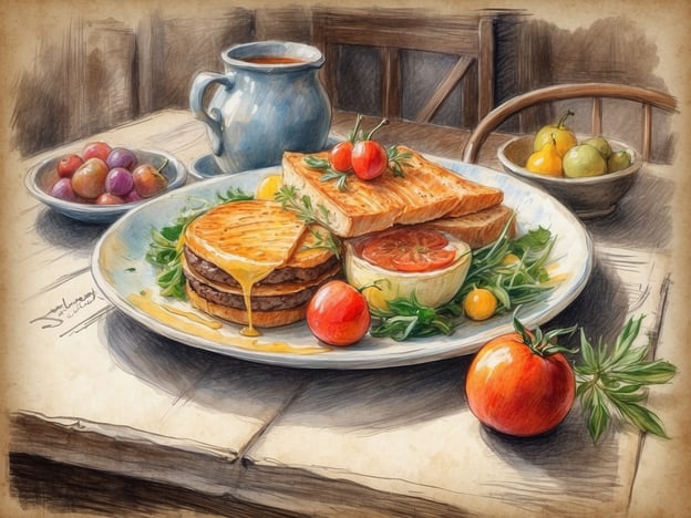 Auf dem Bild sieht man ein einladendes kulinarisches Arrangement. Im Vordergrund befindet sich ein Teller mit einem herzhaften Sandwich, das aus geröstetem Brot und geschmolzenem Käse besteht. Daneben liegt eine saftige Portion Fleisch, und die Kombination wird durch frische Kräuter und Tomaten ergänzt, die Farben und Frische ins Gericht bringen.Im Hintergrund sieht man eine Tasse und einen kleinen Obstteller mit Kirschen und Pflaumen, was auf einen kompletten und abwechslungsreichen Snack oder ein Frühstück hindeutet. Die Verwendung von frischen Zutaten lässt auf einen köstlichen Geschmack und ein angenehmes Esserlebnis schließen. Die Farben und das Arrangement wirken einladend und appetitlich.