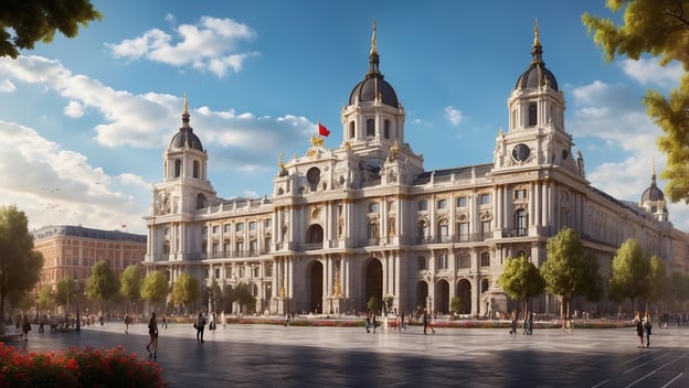 Historisches Gebäude in Madrid mit kunstvoller Fassade, umgeben von Bäumen und Menschen auf dem Platz.